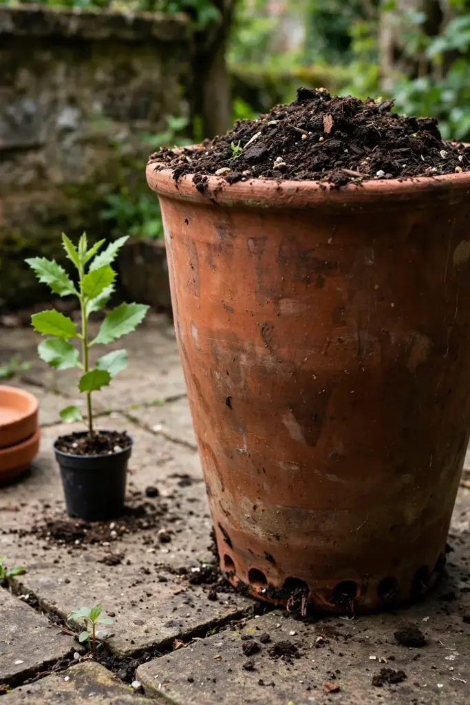 A tall deep terracotta pot with fresh mix and a young beluntas transplant beside it