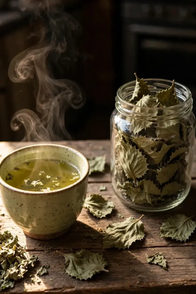 Dried beluntas leaves in a glass jar beside a steaming cup of tea