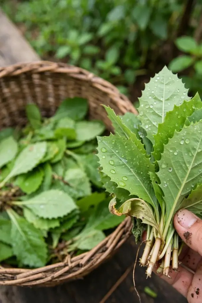 A hand cradling freshly cut beluntas leaves over a woven basket