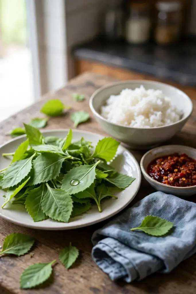 Fresh beluntas leaves on a plate beside chili paste and steamed rice
