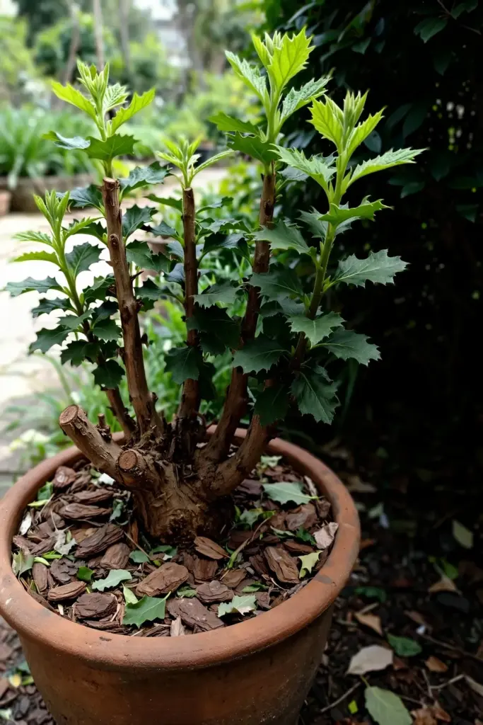 A mature beluntas shrub with a woody base in a large mulched pot