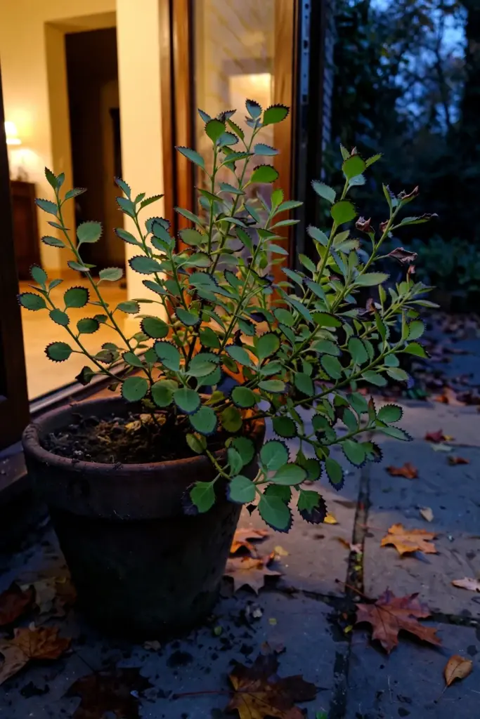 A potted beluntas shrub at an open doorway at dusk before a cold night