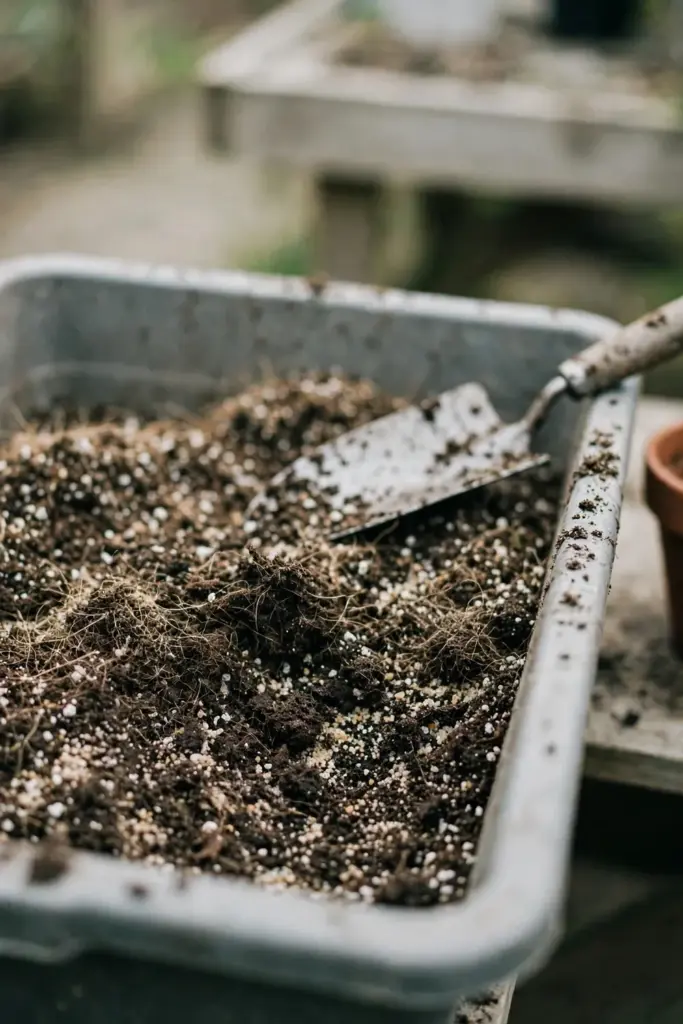 Potting mix of coir, perlite, and coarse sand in a tub with a trowel
