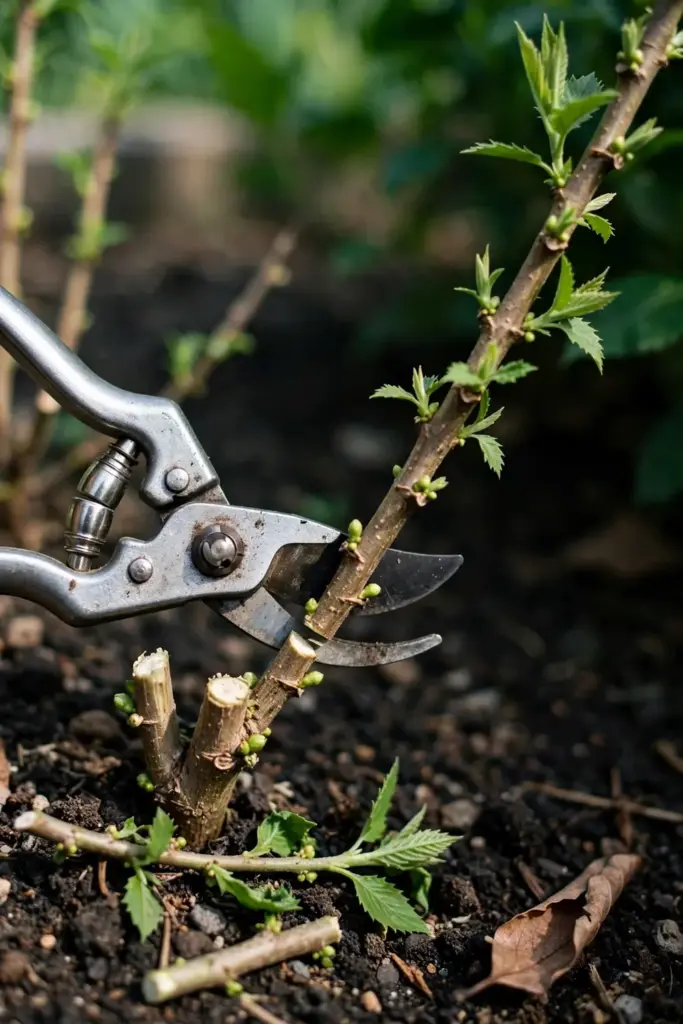 Pruning shears closed on a beluntas stem above fresh soil