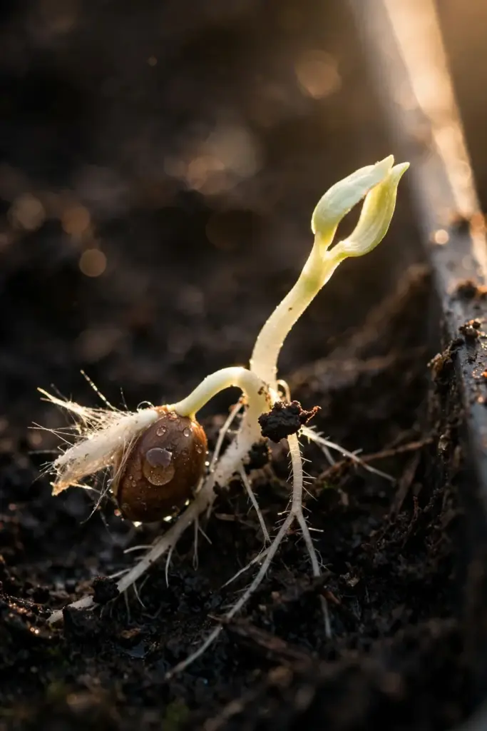 A beluntas seed splitting on dark moist soil with a pale sprout and white rootlets