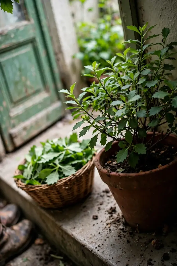 A potted beluntas shrub by a kitchen door with a basket of fresh leaves