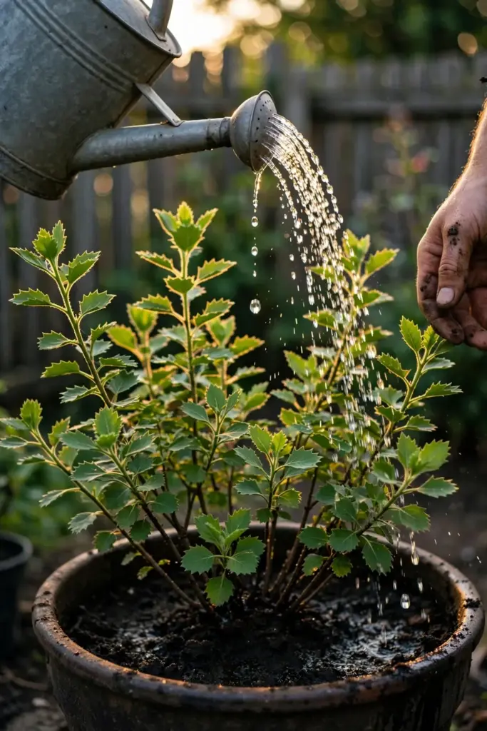 A hand tipping a watering can over the root zone of a potted beluntas
