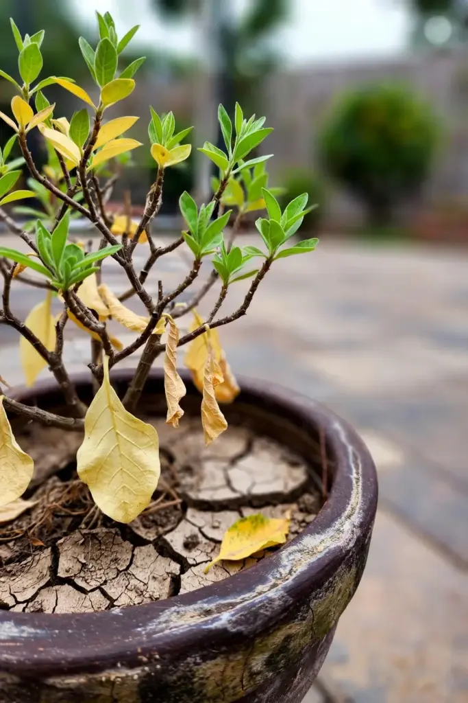 A beluntas plant with yellowing lower leaves and dry potting mix