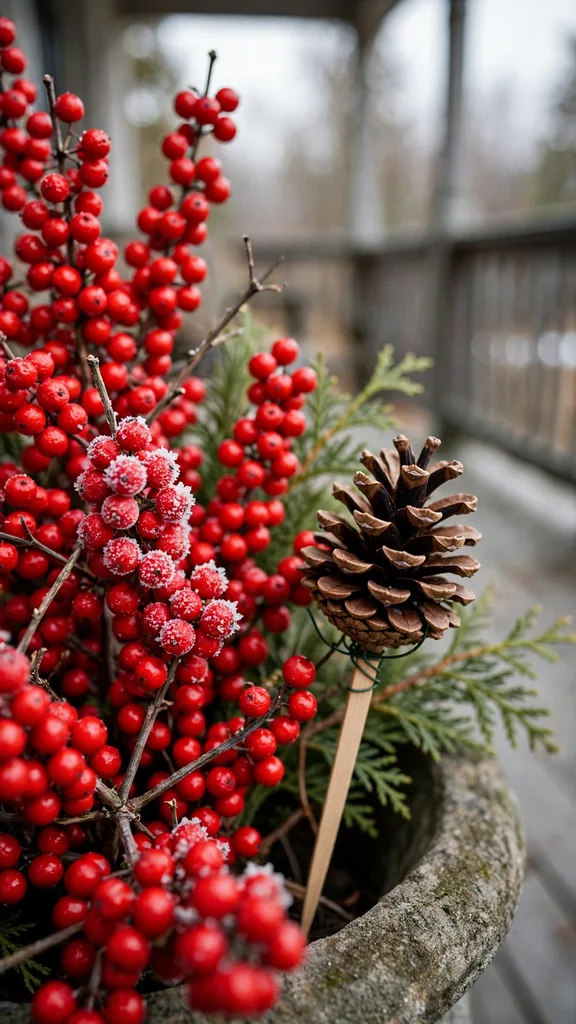Red winterberries and pinecones set at the outer edge of an urn arrangement
