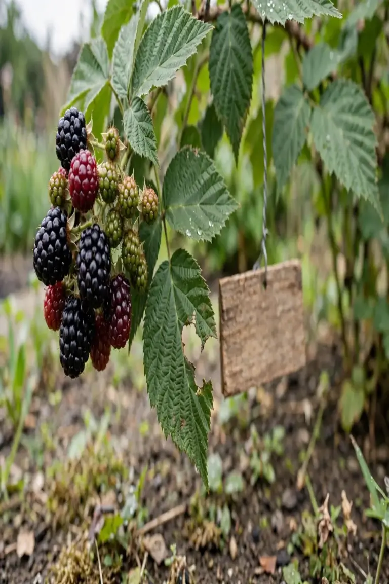 Berry bush with mixed ripe and unripe fruit and a blank timber plant tag