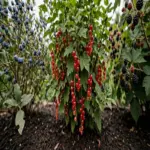 Mixed berry bushes in a garden bed with ripe blueberries, red currants, and blackberries