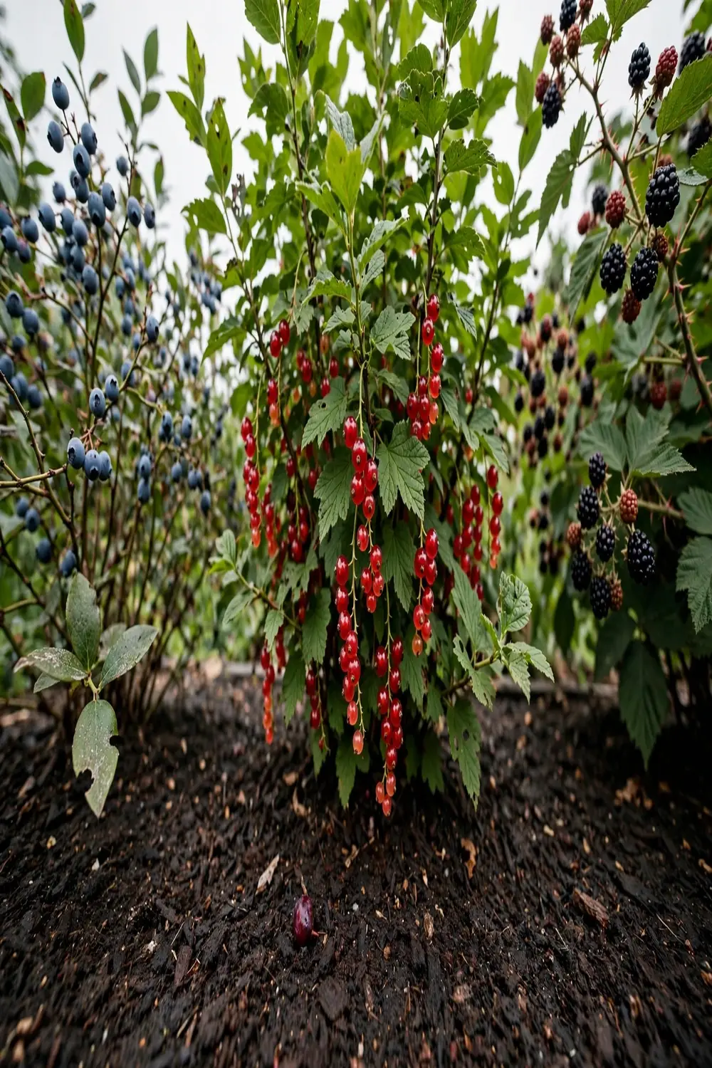 Mixed berry bushes in a garden bed with ripe blueberries, red currants, and blackberries