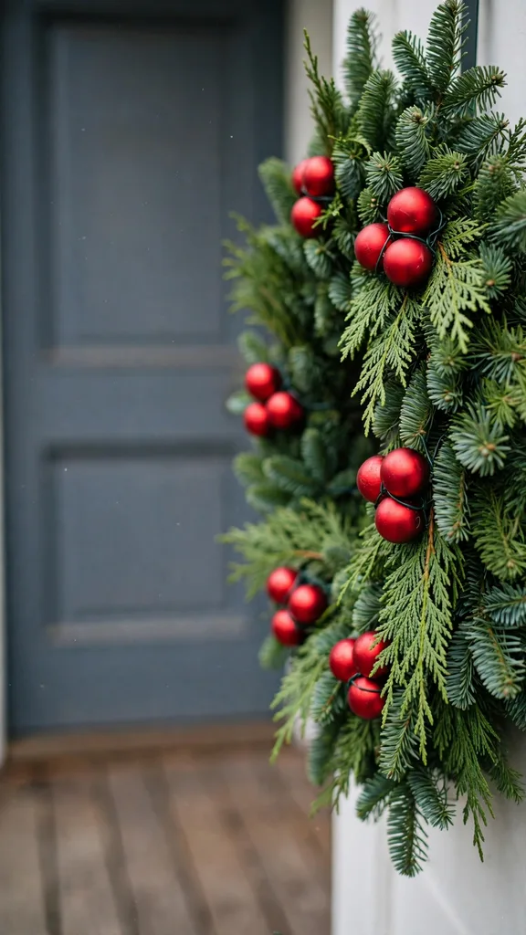 A berry free evergreen wreath with red shatterproof ornaments on a front door