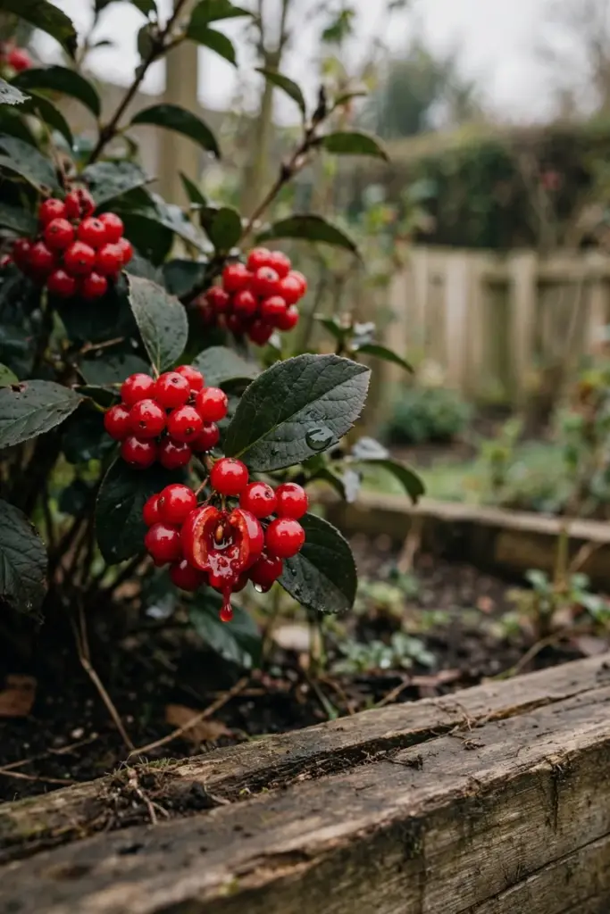 Berry shrub with bright berries behind a low timber garden edge