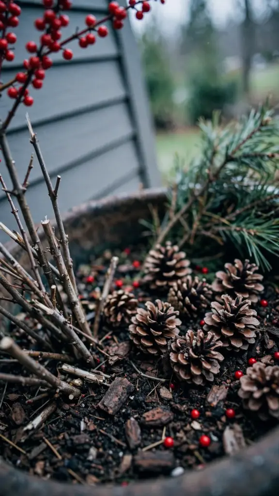 Berry branches and pinecones tucked around plants in a large pot