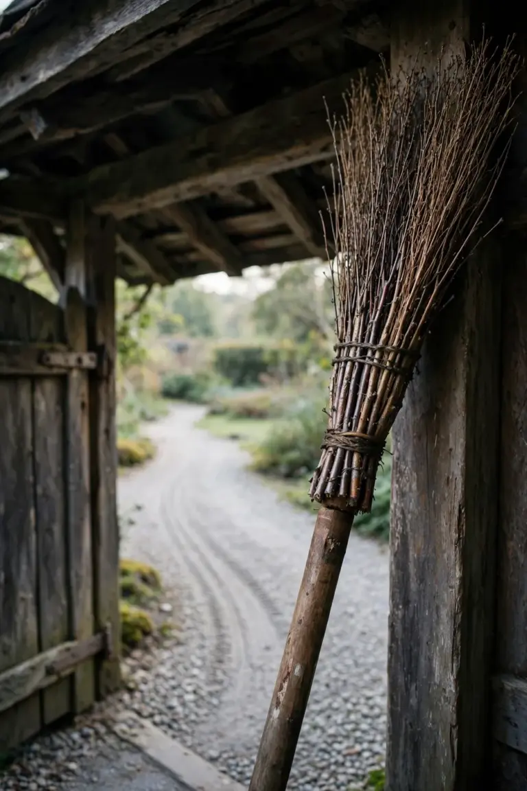Traditional besom broom of bound birch twigs leaning bristles-up beside a garden gate