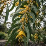 Golden wattle tree in full yellow flower in an Australian garden