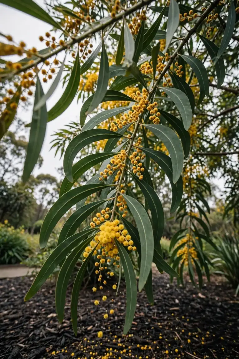 Golden wattle tree in full yellow flower in an Australian garden