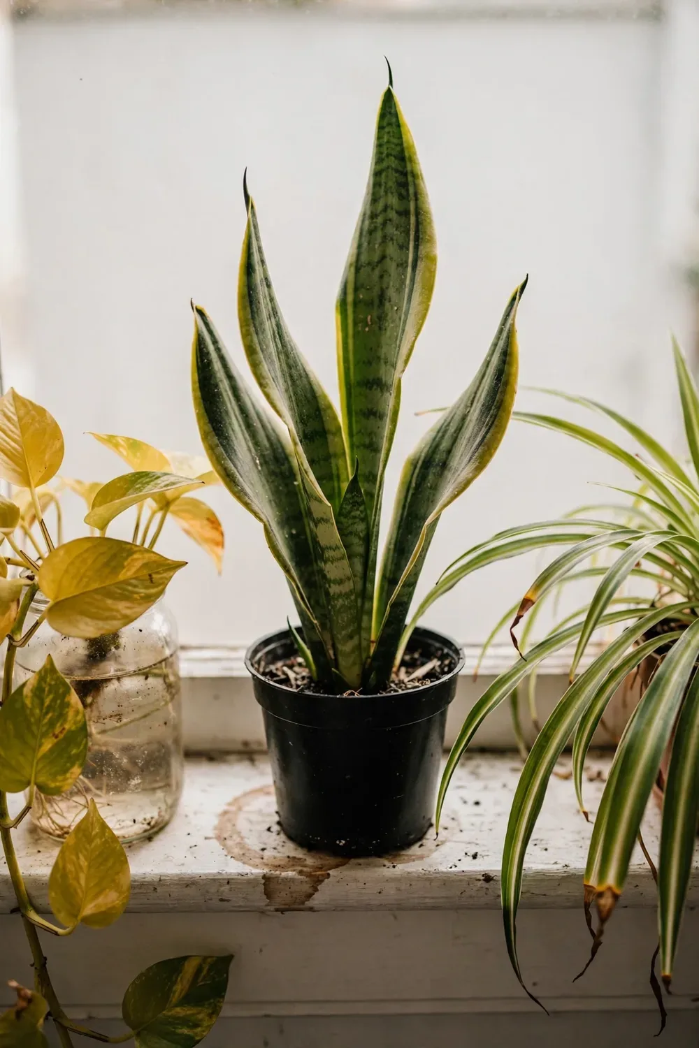 Budget houseplant lineup: snake plant, pothos in water, and spider plant on a bright windowsill