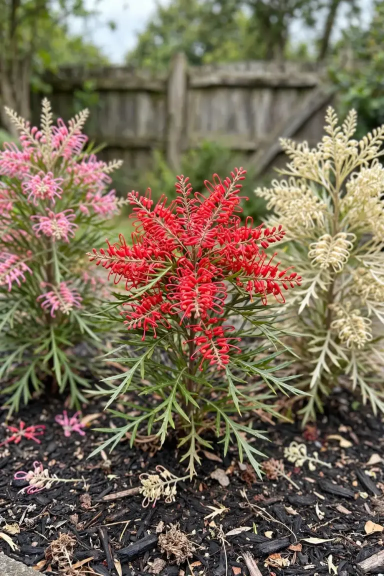 Grevillea shrubs with red, pink, and cream toothbrush flowers in a sunny Australian garden bed