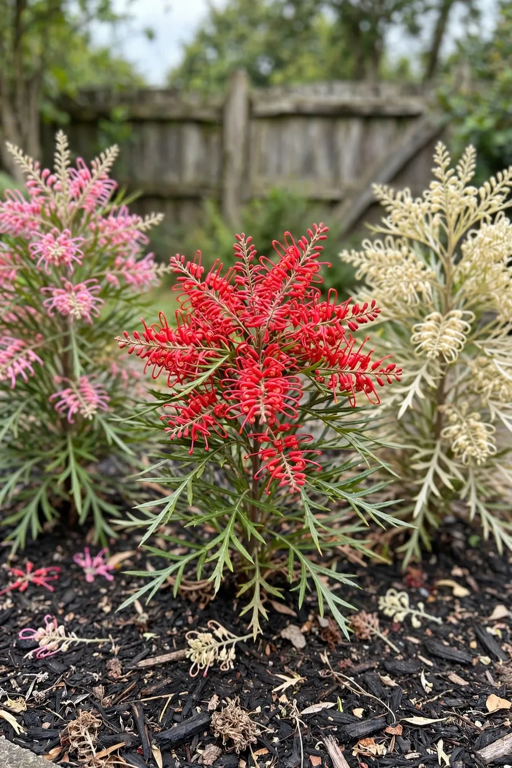 Grevillea shrubs with red, pink, and cream toothbrush flowers in a sunny Australian garden bed