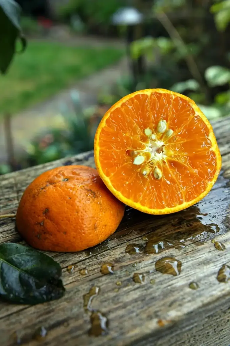 Cut Honey Murcott mandarin half showing juicy flesh and seeds