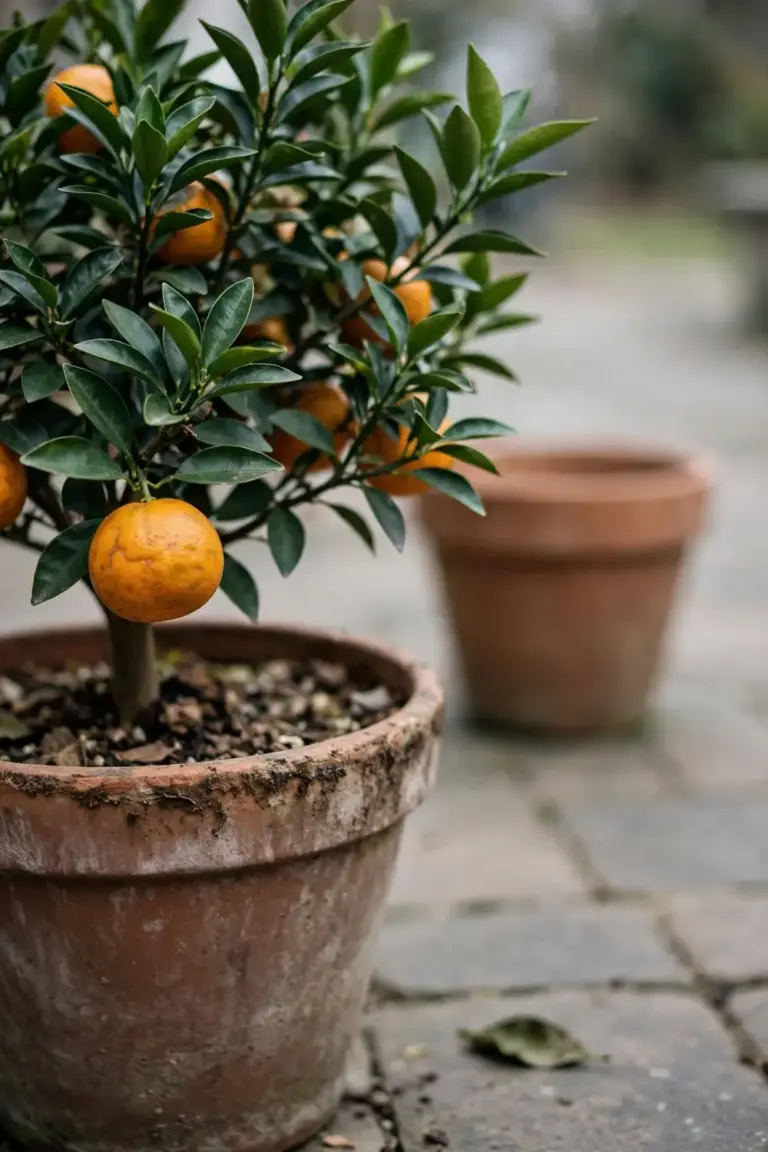 Dwarf mandarin tree in a large weathered pot on a patio