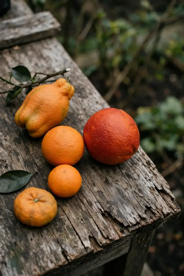Five different mandarin fruits of varied sizes and colors on a timber board