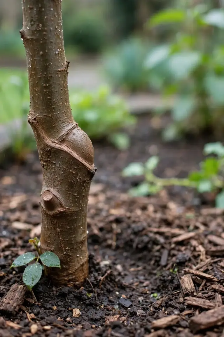 Graft union bulge on a young mandarin trunk above the soil line