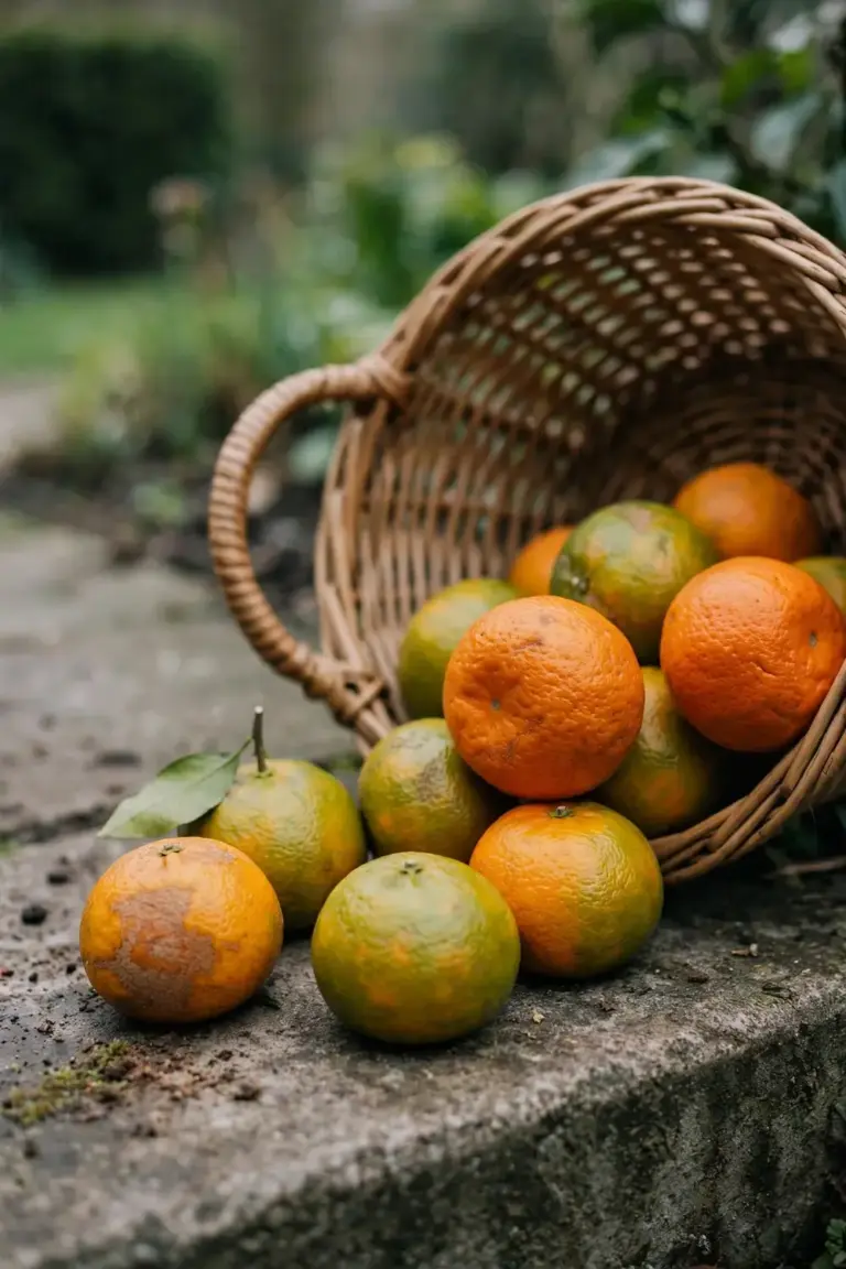 Woven basket of mandarins at mixed ripeness from green-tinged to deep orange