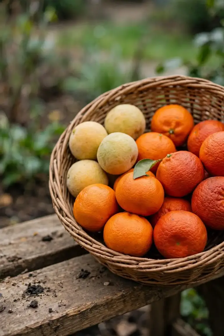 Harvest basket holding three mandarin varieties from early to late season