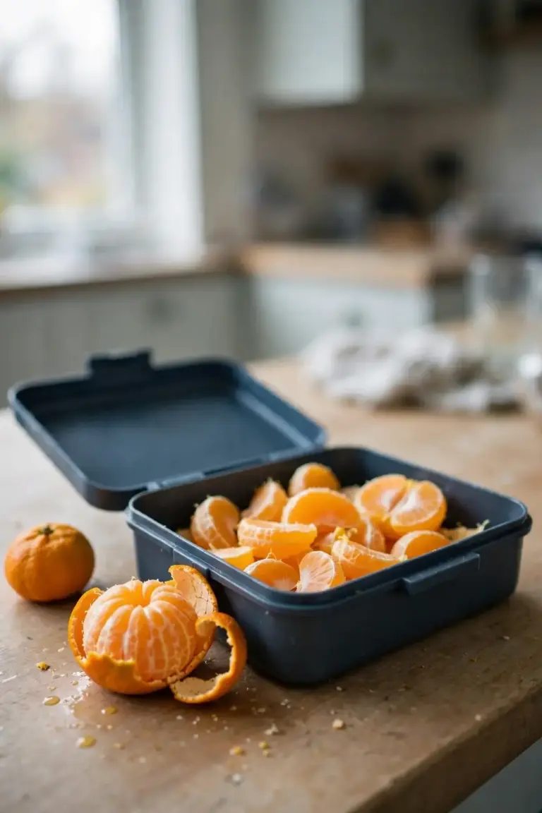 Open lunchbox with peeled mandarin segments and loose rind beside it