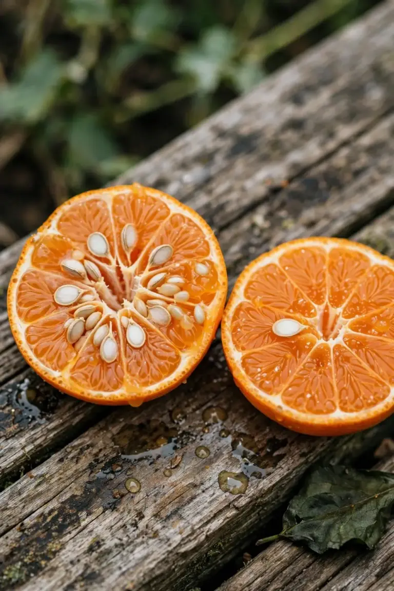 Two cut mandarin halves side by side, one seedy and one nearly seedless
