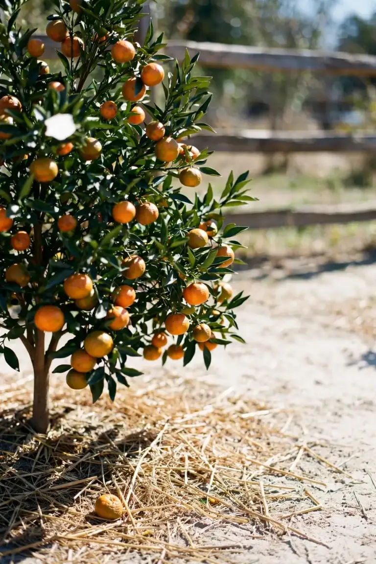 Mandarin tree in full sun with fruit on the canopy and dry mulch below