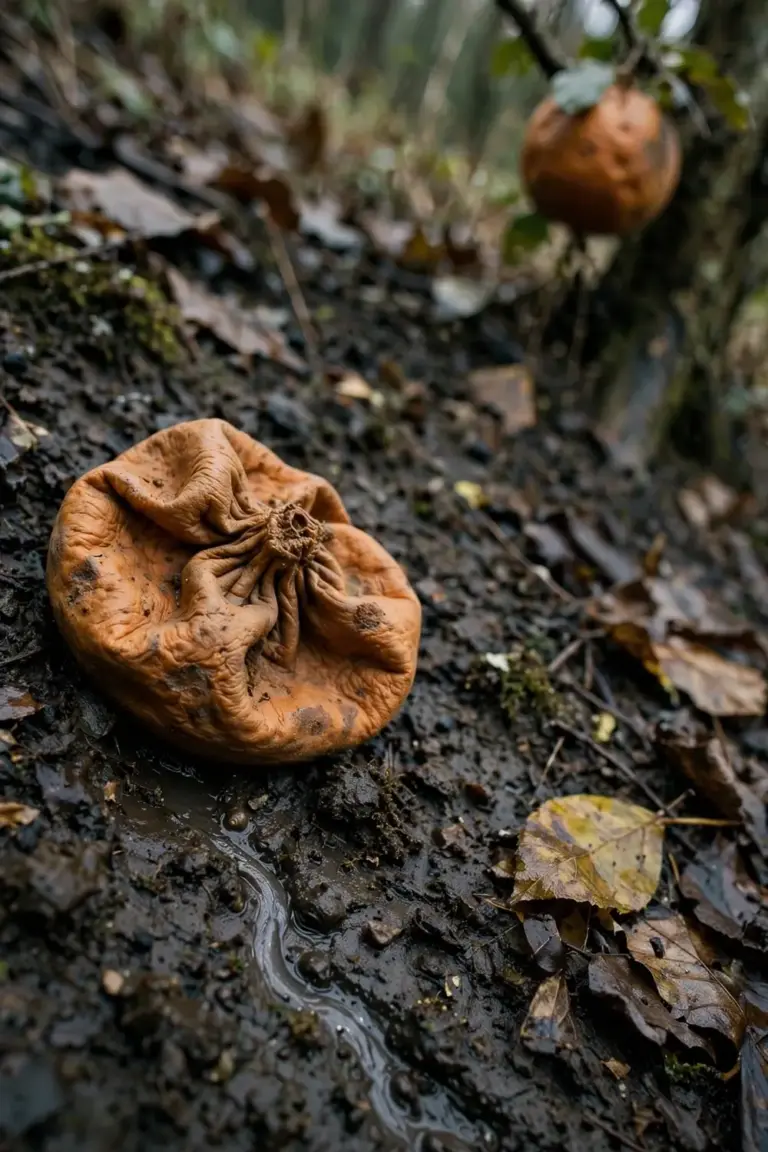 Overripe puffy mandarin collapsed on wet soil beneath a tree