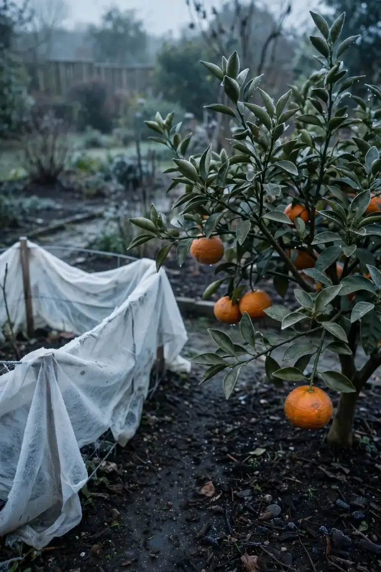 Small Satsuma mandarin tree on a cold morning with frost cloth nearby