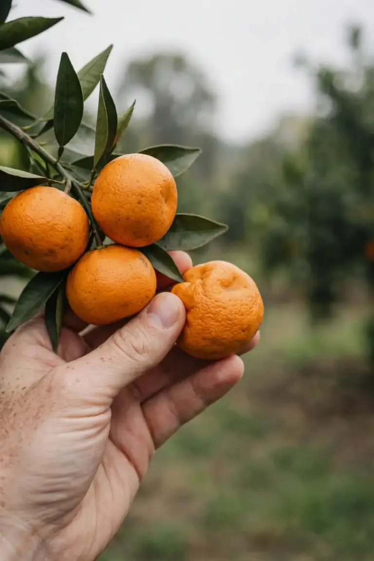Hand cradling a mandarin cluster still on the branch for a taste test