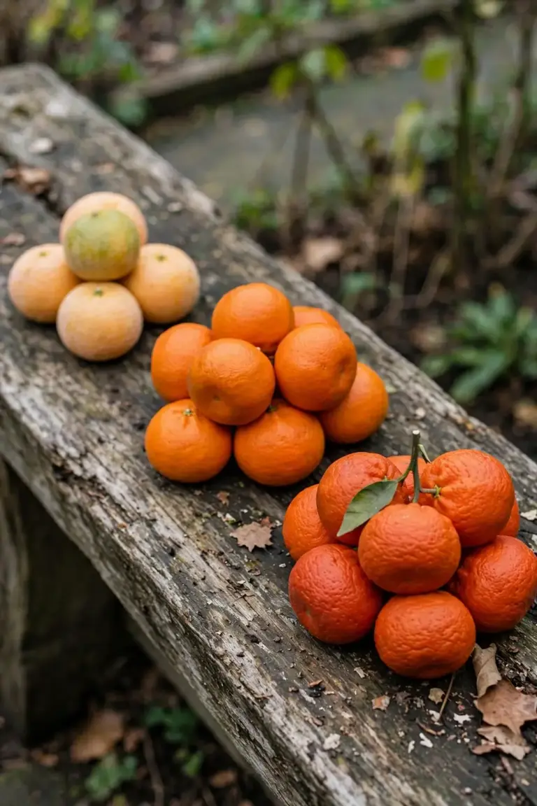 Three mandarin clusters at early, mid-season, and late ripeness on a timber bench