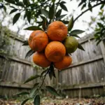 Backyard mandarin tree loaded with orange fruit in an Australian garden