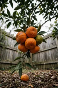 Backyard mandarin tree loaded with orange fruit in an Australian garden