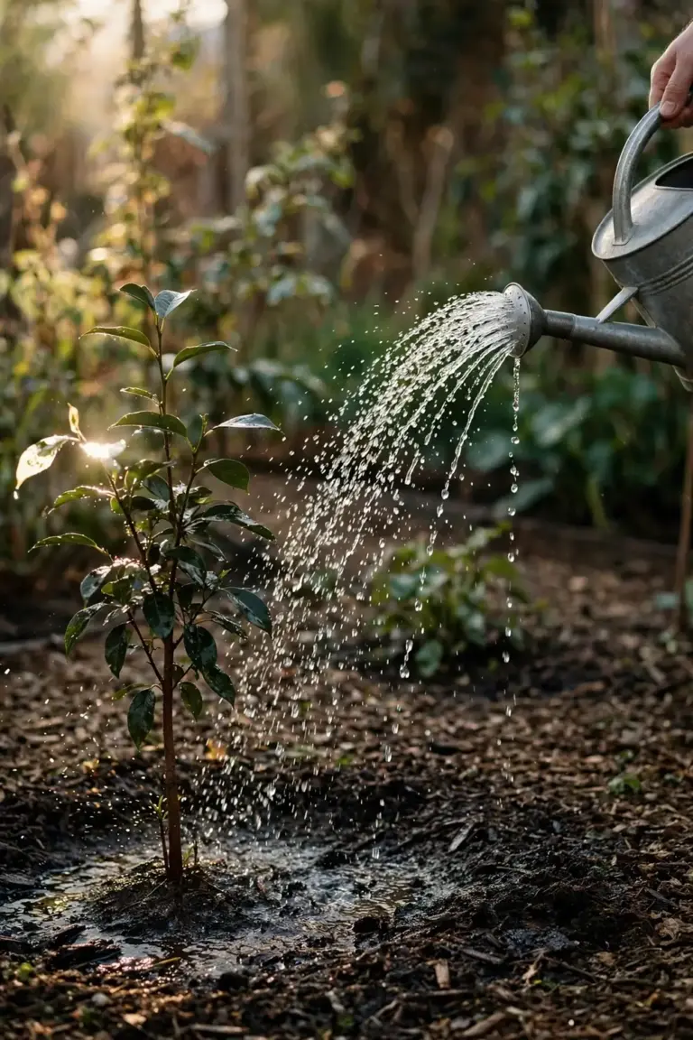 Hand tipping a watering can so droplets arc onto a mandarin root zone