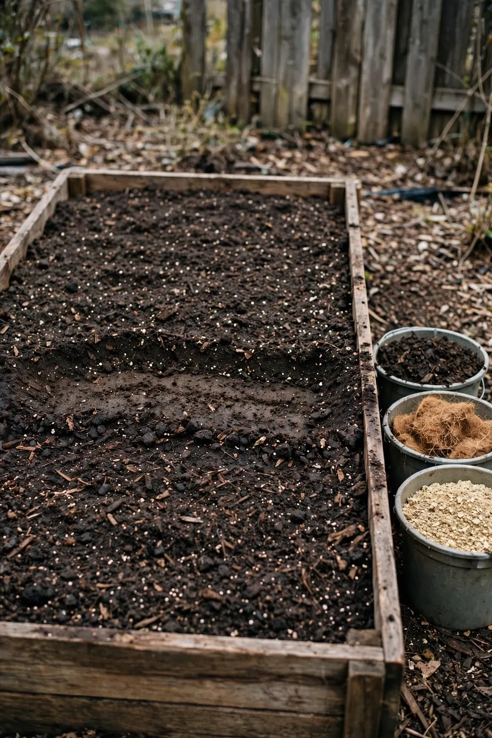 Timber raised bed filled with dark crumbly soil mix beside buckets of compost, coir, and perlite