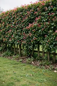 Dense evergreen lilly pilly hedge along a timber fence.