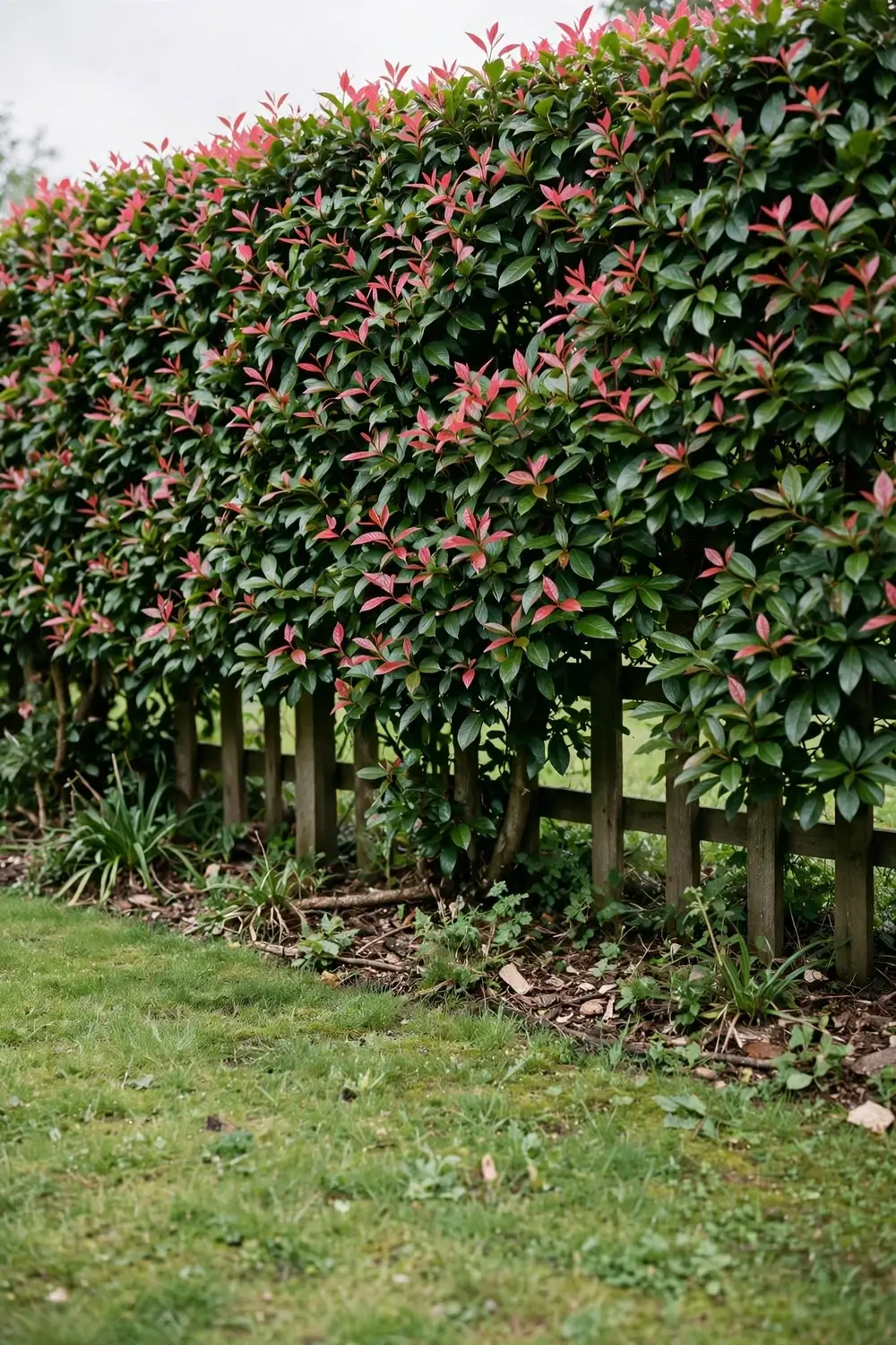 Dense evergreen lilly pilly hedge along a timber fence.