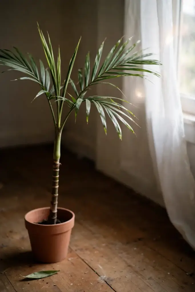 Healthy potted betel nut palm in a bright room with soft window light