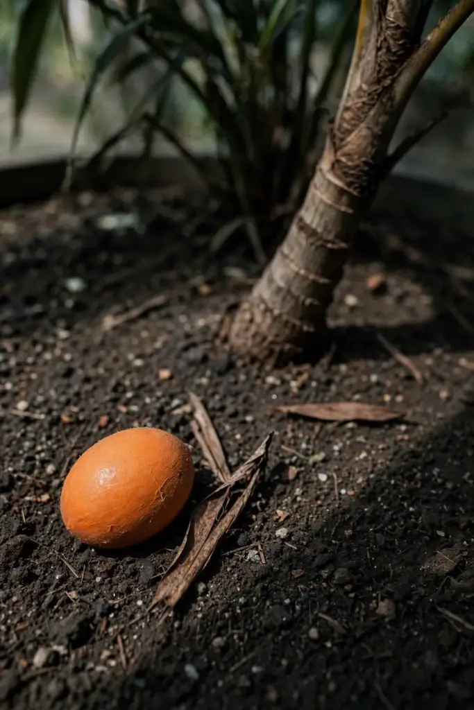 One dull orange areca fruit resting on bare soil at the base of a pot