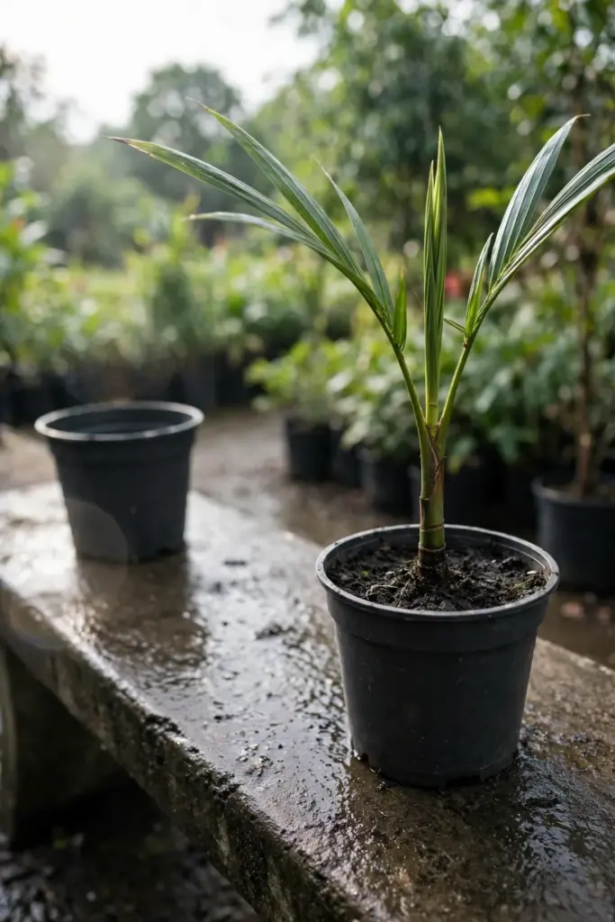 Juvenile betel nut palm in a nursery pot on a shaded bench