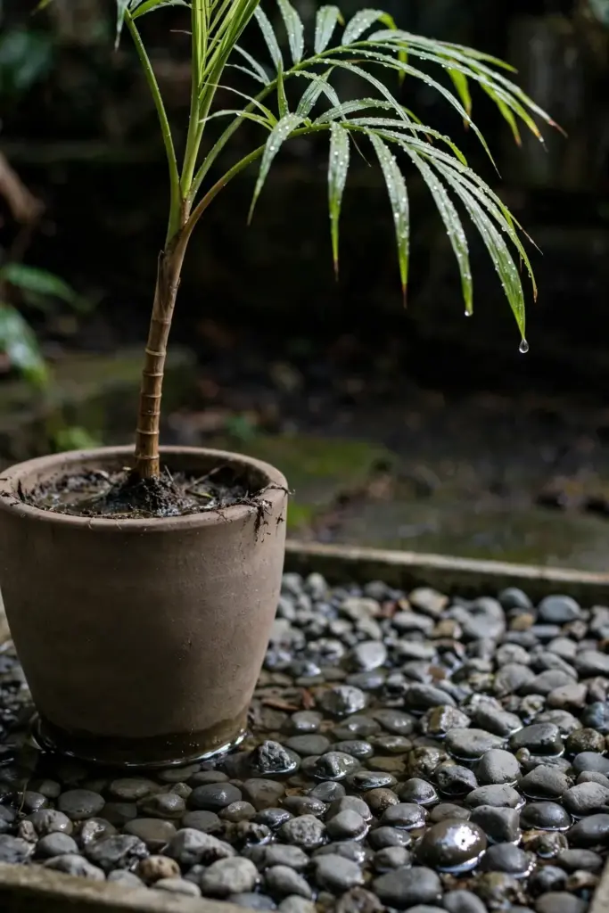 Potted betel nut palm on a pebble tray with water droplets on fronds
