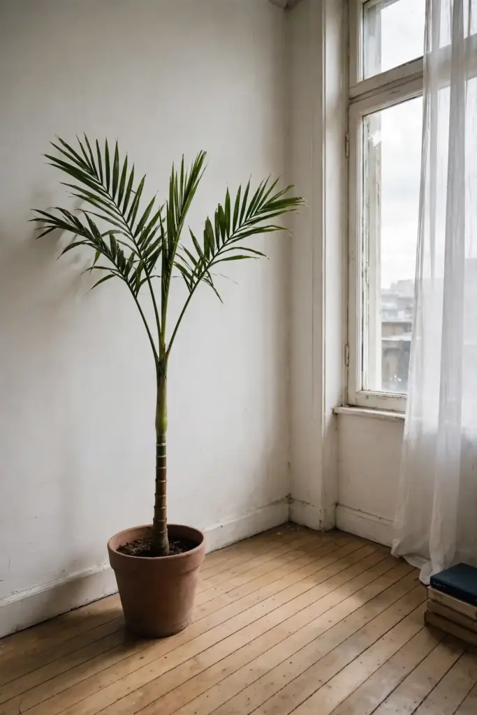 Potted juvenile betel nut palm beside a bright window indoors
