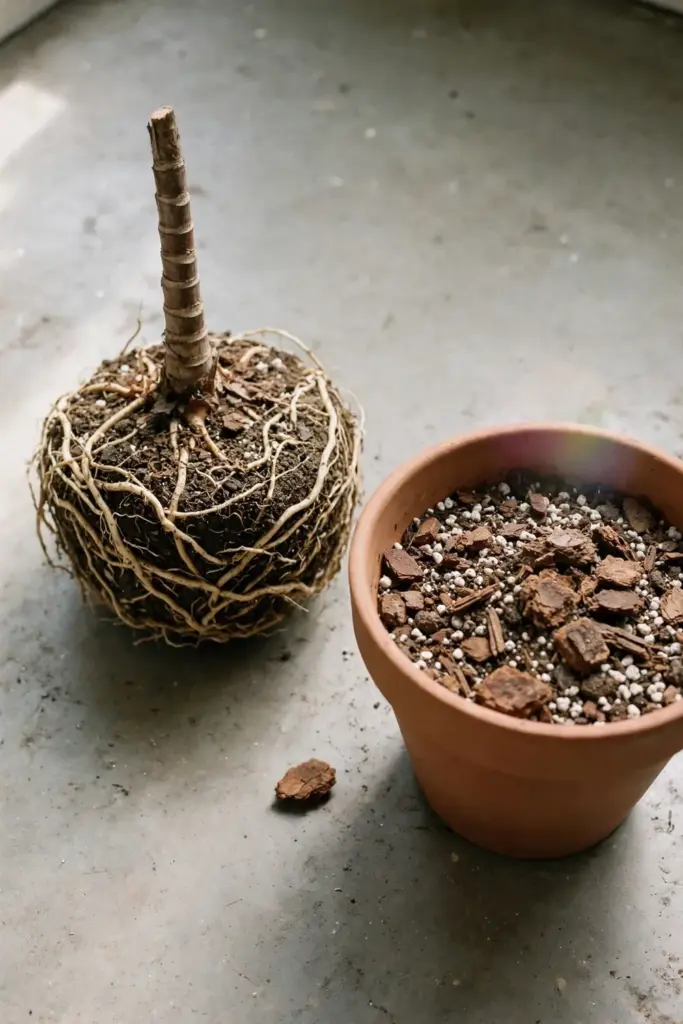 Betel nut palm root ball beside a pot of fresh loam perlite and bark mix